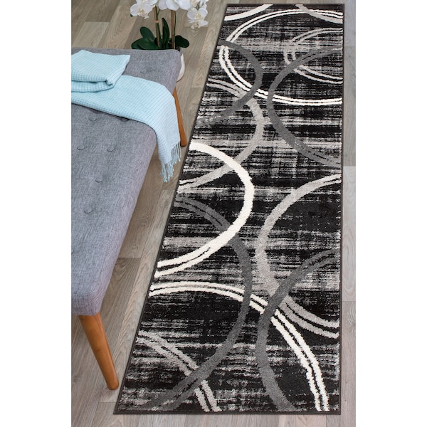 World Rug Gallery Modern Wavy Circles Design 2' x 7'2'' Black 377BLACK2X7 - main